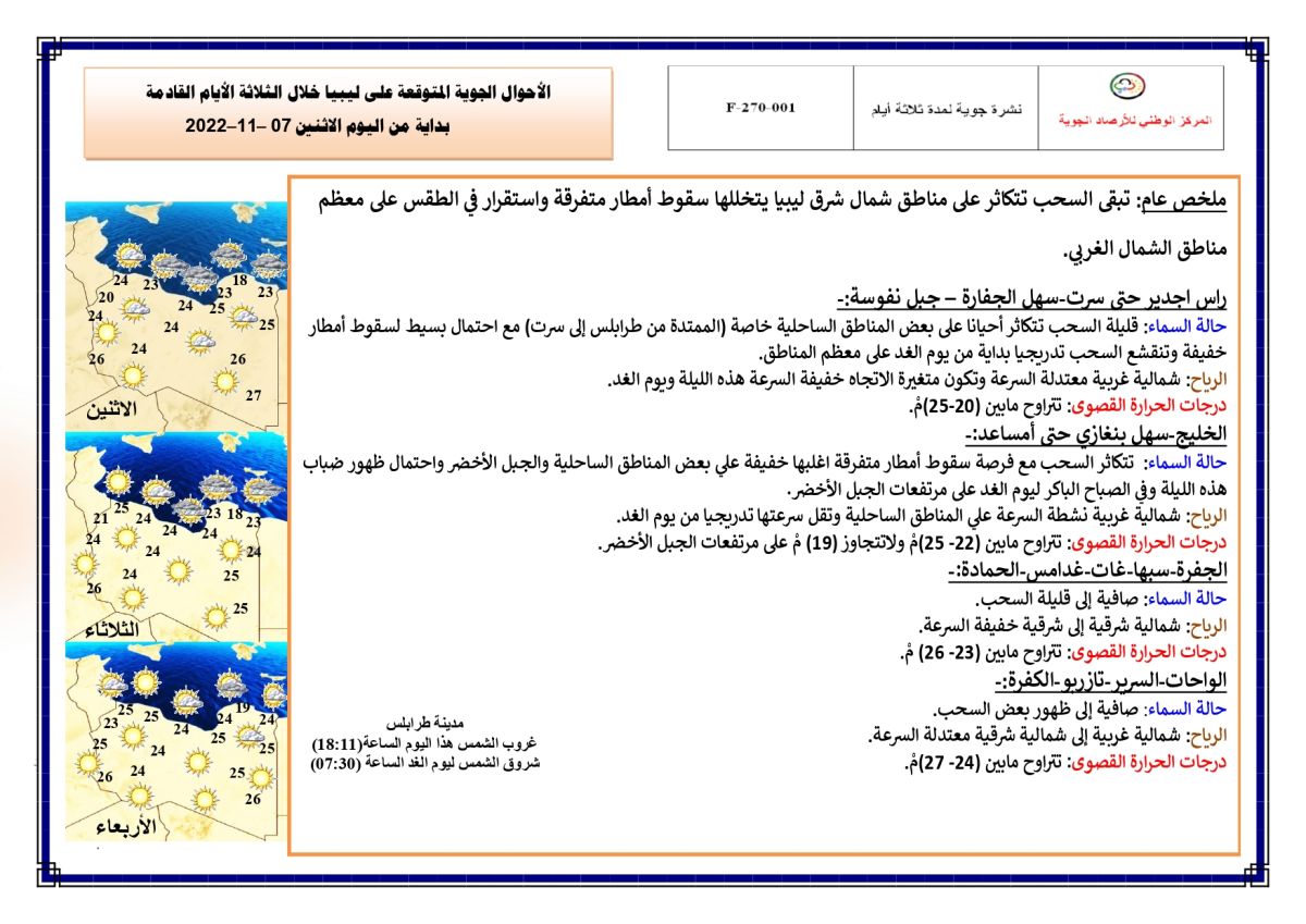 النشرة الجوية ليوم الاثنين الموافق 07 – 11 – 2022 الصادرة عن المركز الوطني للأرصاد الجوية