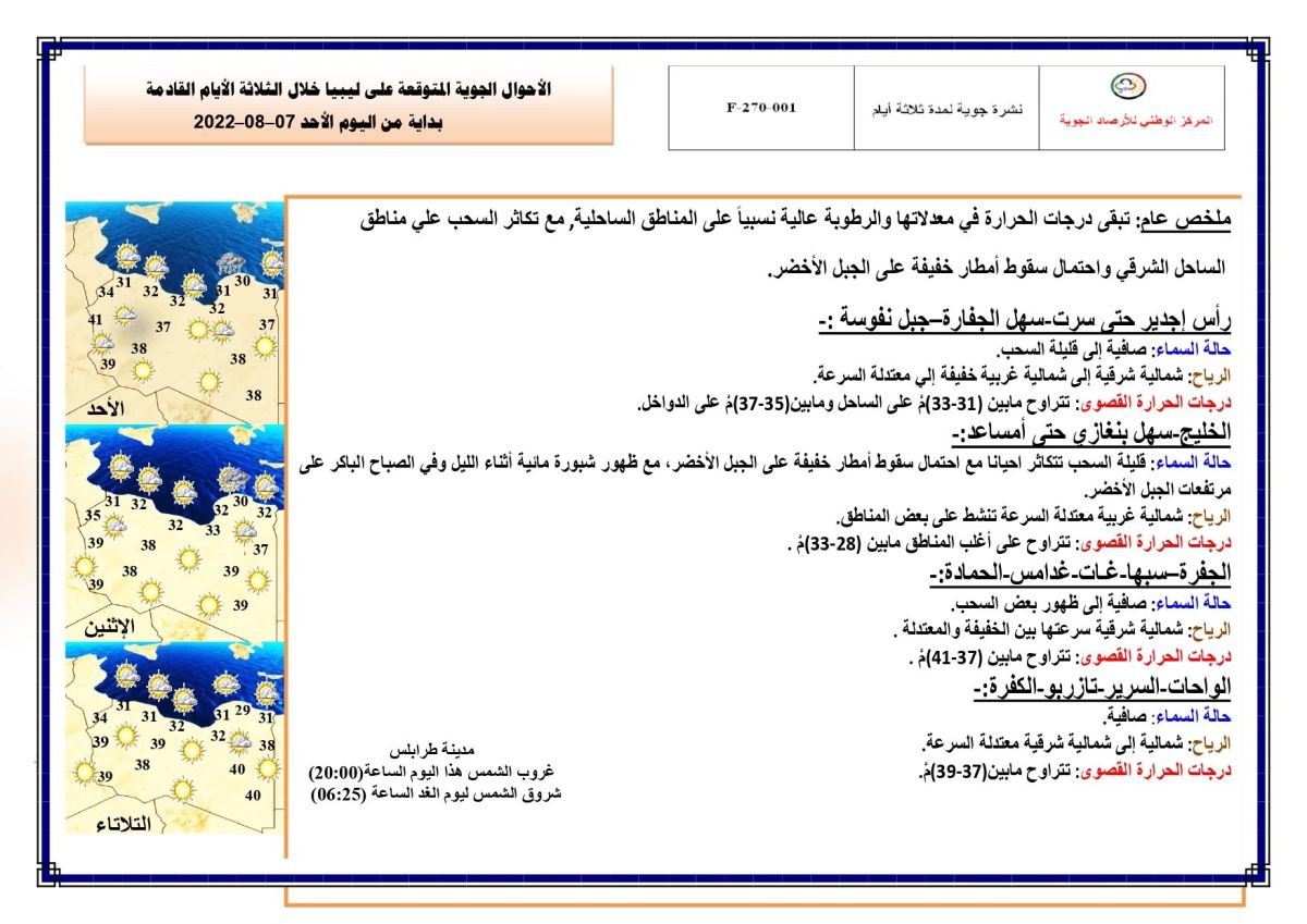 النشرة الجوية ليوم الأحد الموافق 07 – 08 – 2022 الصادرة عن المركز الوطني للأرصاد الجوية