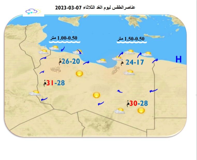 النشرة الجوية ليوم الاثنين الموافق 06 – 03 – 2023 الصادرة عن المركز الوطني للأرصاد الجوية