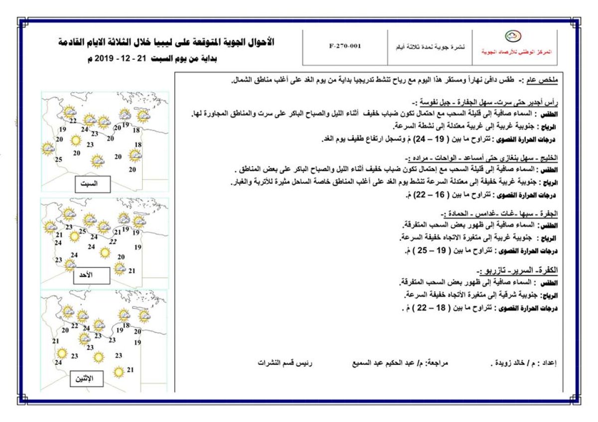 النشرة الجوية ليوم السبت الموافق 21 – 12 – 2019 الصادرة عن المركز الوطني للأرصاد الجوية