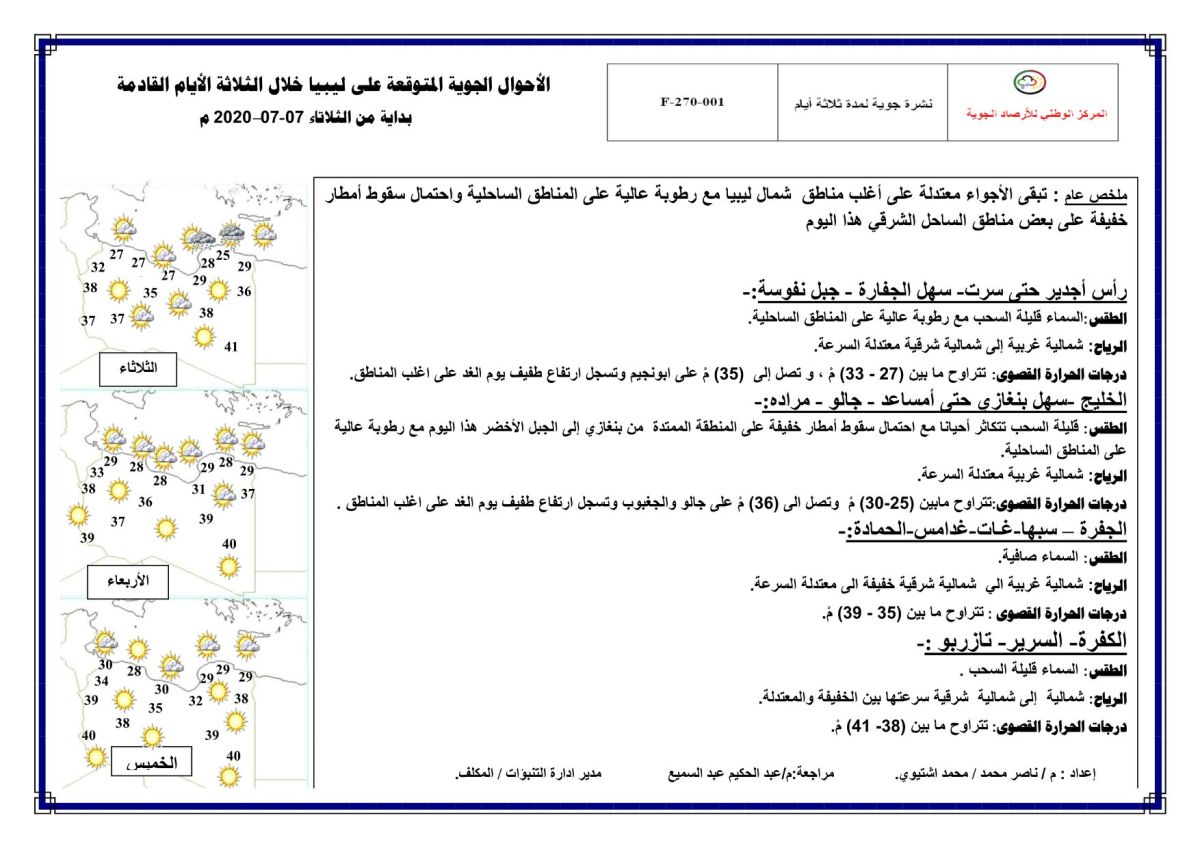 النشرة الجوية ليوم الثلاثاء الموافق 07 – 07 – 2020 الصادرة عن المركز الوطني للأرصاد الجوية 1 النشرة الجوية ليوم الثلاثاء الموافق 07 – 07 – 2020 الصادرة عن المركز الوطني للأرصاد الجوية
