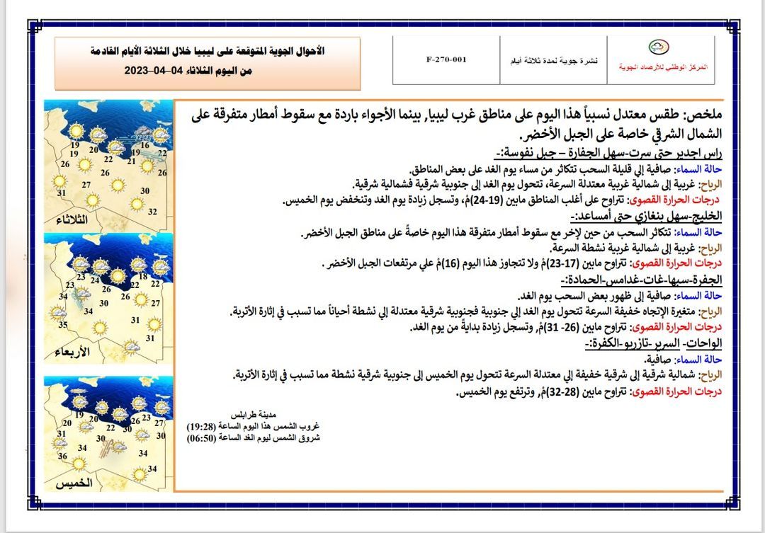 النشرة الجوية ليوم الثلاثاء الموافق 04– 04 – 2023 الصادرة عن المركز الوطني للأرصاد الجوية