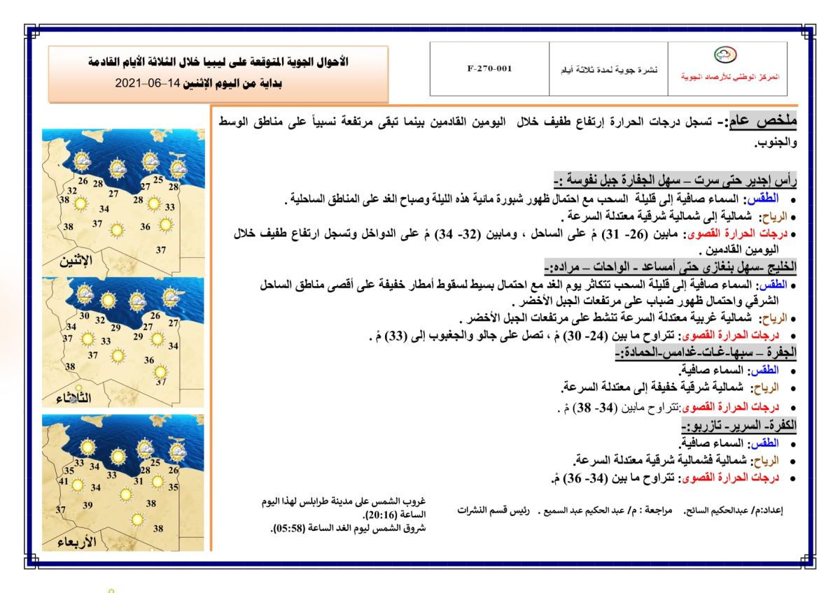 النشرة الجوية ليوم الاثنين الموافق 14 – 06 – 2021 الصادرة عن المركز الوطني للأرصاد الجوية