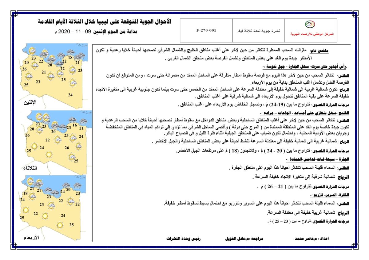 النشرة الجوية ليوم الاثنين الموافق 09 – 11 – 2020 الصادرة عن المركز الوطني للأرصاد الجوية