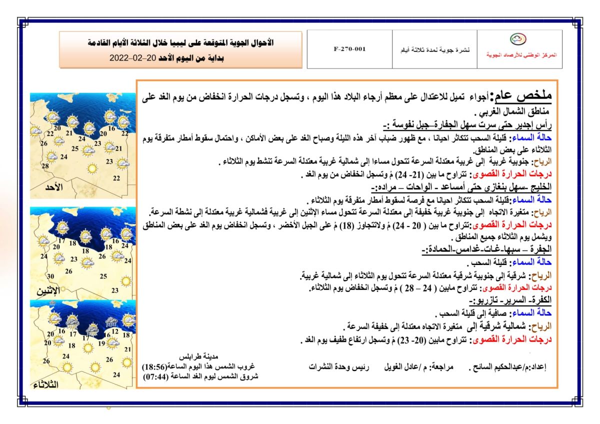 النشرة الجوية ليوم الأحد الموافق 20 – 02 – 2022 الصادرة عن المركز الوطني للأرصاد الجوية