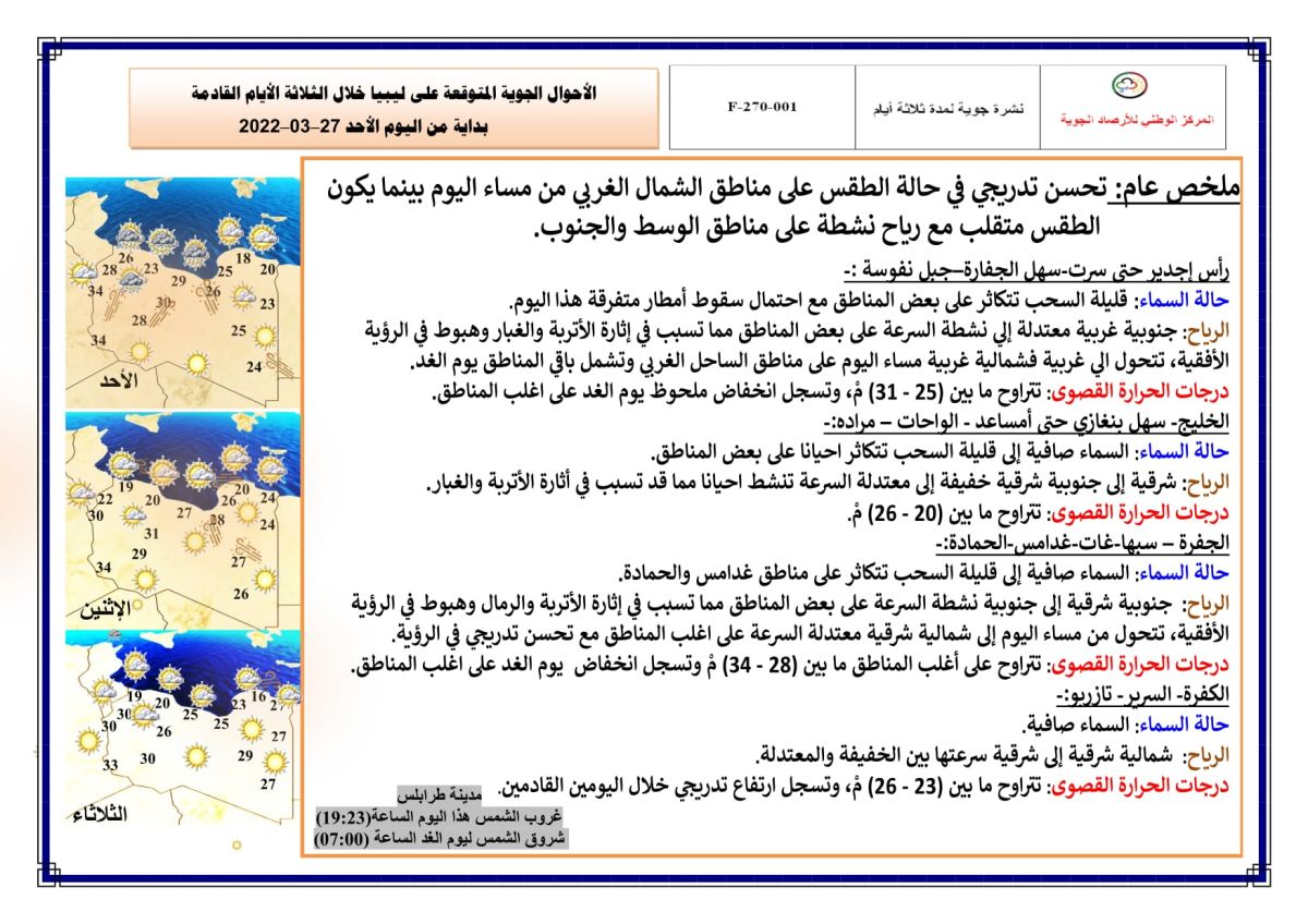 النشرة الجوية ليوم الأحد الموافق 27 – 03 – 2022 الصادرة عن المركز الوطني للأرصاد الجوية