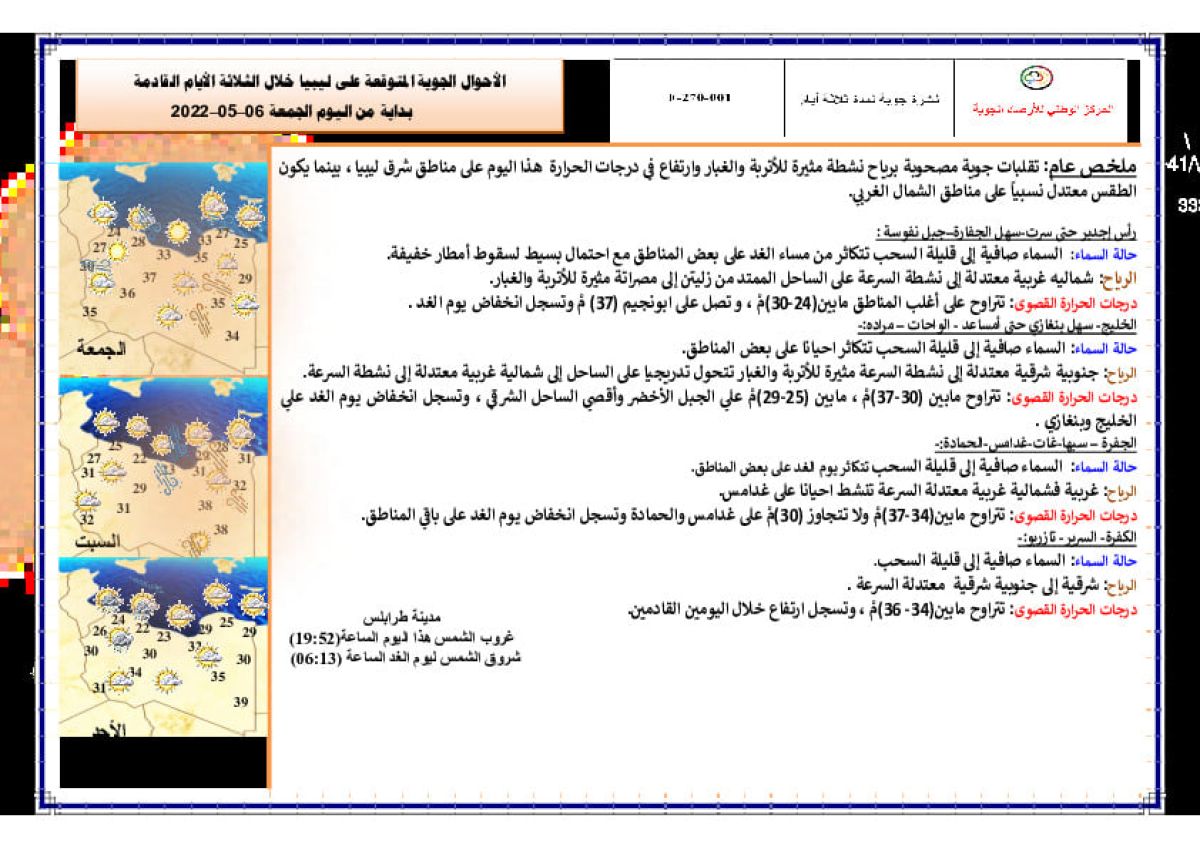 النشرة الجوية ليوم الجمعة الموافق 06 – 05 – 2022 الصادرة عن المركز الوطني للأرصاد الجوية