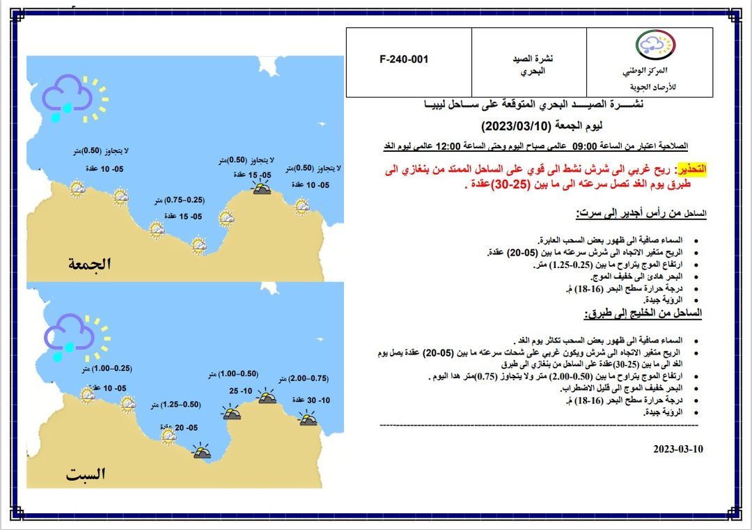 النشرة الجوية ليوم الجمعة الموافق 10– 03 – 2023 الصادرة عن المركز الوطني للأرصاد الجوية