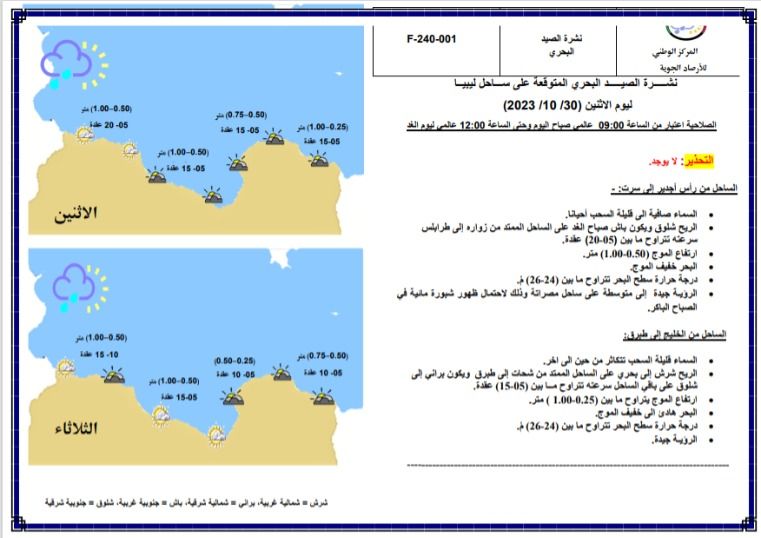 النشرة الجوية ليوم الاثنين الموافق 30 – 10 – 2023 الصادرة عن المركز الوطني للأرصاد الجوية