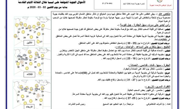 النشرة الجوية ليوم الإثنين الموافق 02 – 03 – 2020 الصادرة عن المركز الوطني للأرصاد الجوية