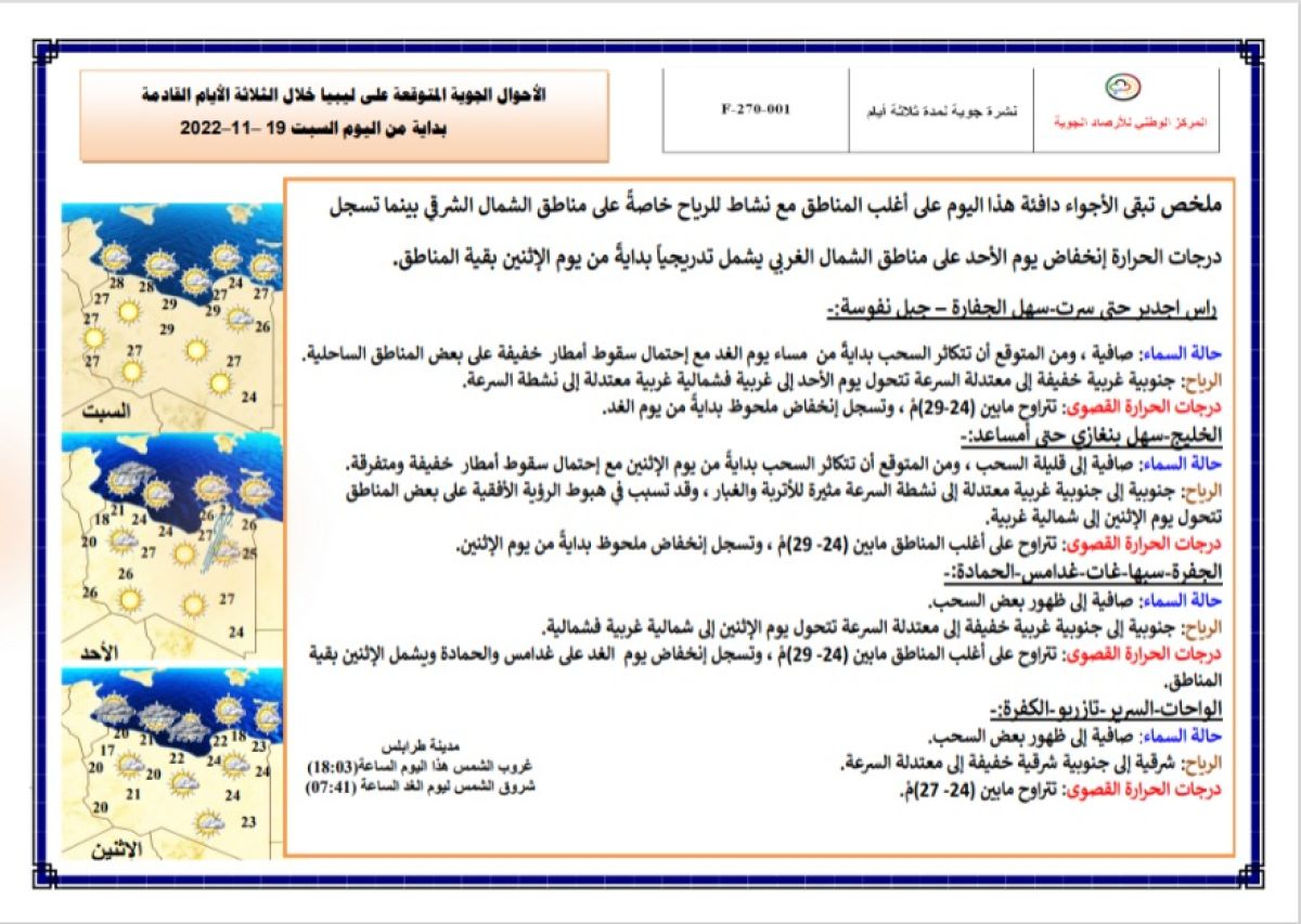 النشرة الجوية ليوم السبت الموافق 19 – 11 – 2022 الصادرة عن المركز الوطني للأرصاد الجوية