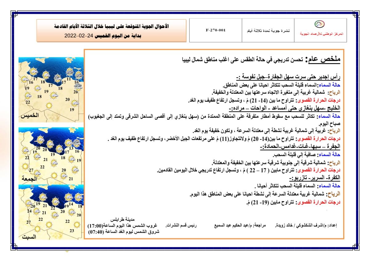 النشرة الجوية ليوم الخميس الموافق 24 – 02 – 2022 الصادرة عن المركز الوطني للأرصاد الجوية