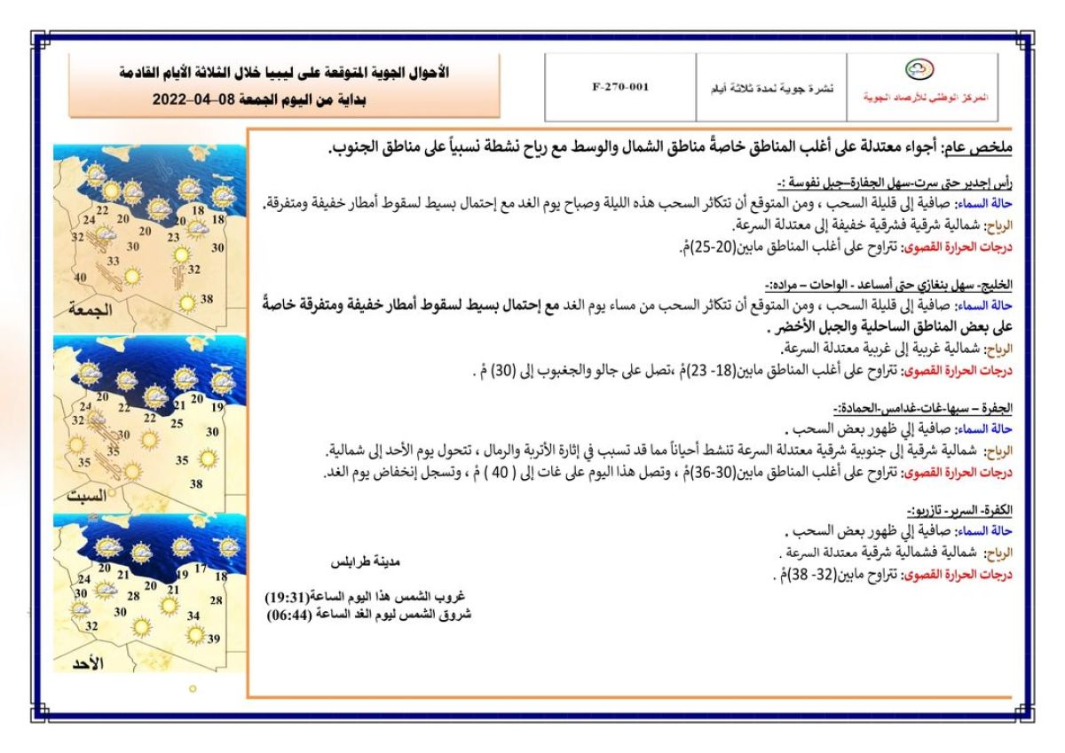 النشرة الجوية ليوم الجمعة الموافق 08 – 04 – 2022 الصادرة عن المركز الوطني للأرصاد الجوية