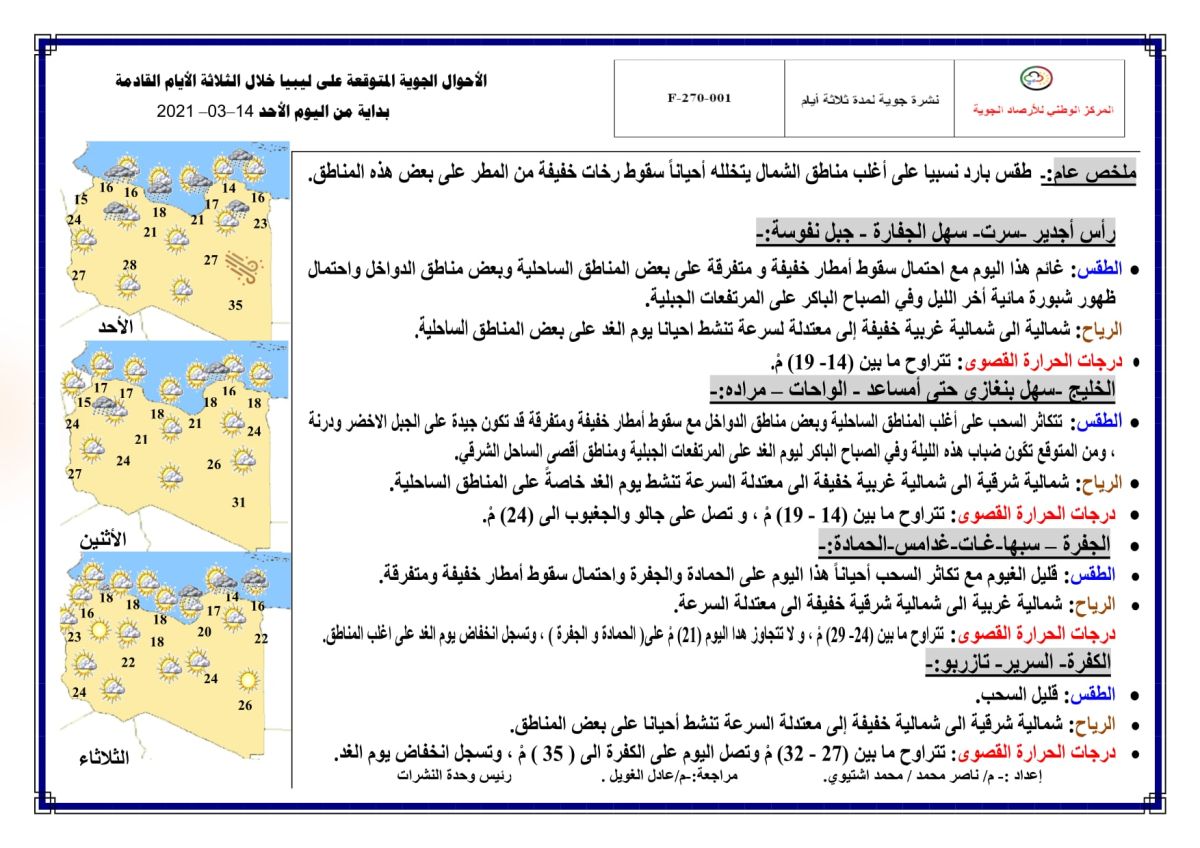 النشرة الجوية ليوم الأحد الموافق 14 – 03 – 2021 الصادرة عن المركز الوطني للأرصاد الجوية