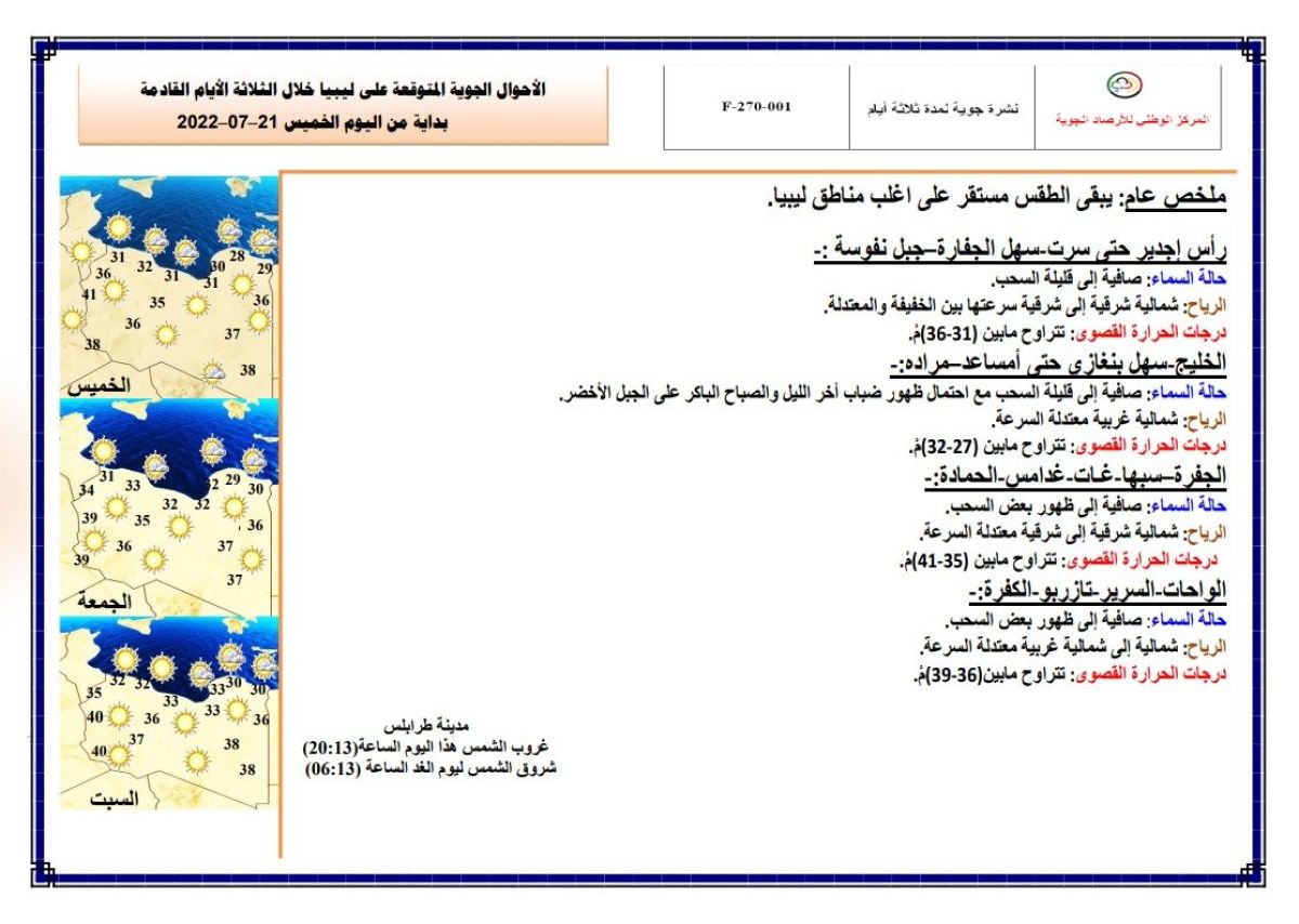 النشرة الجوية ليوم الخميس الموافق 21– 07 – 2022 الصادرة عن المركز الوطني للأرصاد الجوية