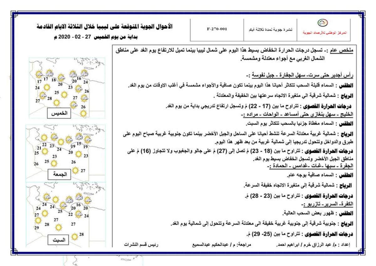 النشرة الجوية ليوم الخميس الموافق 27 – 02 – 2020 الصادرة عن المركز الوطني للأرصاد الجوية