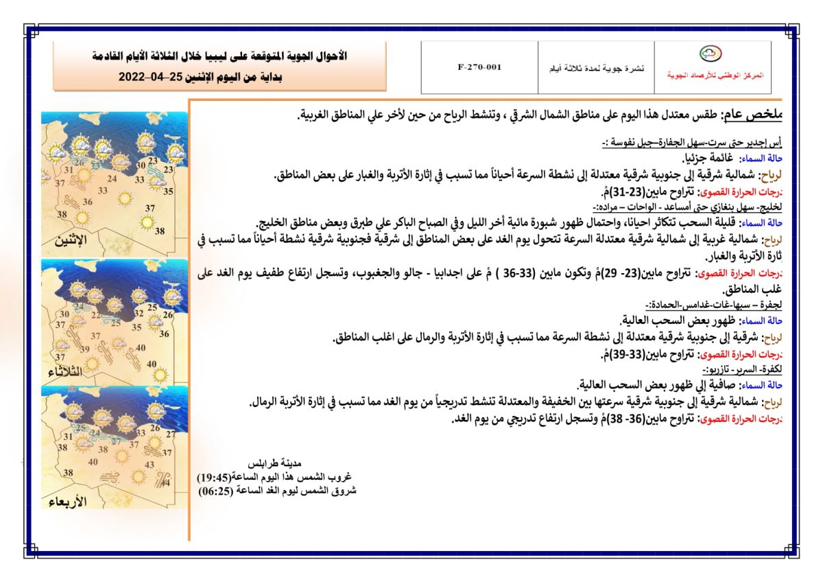 النشرة الجوية ليوم الاثنين الموافق 25 – 04 – 2022 الصادرة عن المركز الوطني للأرصاد الجوية