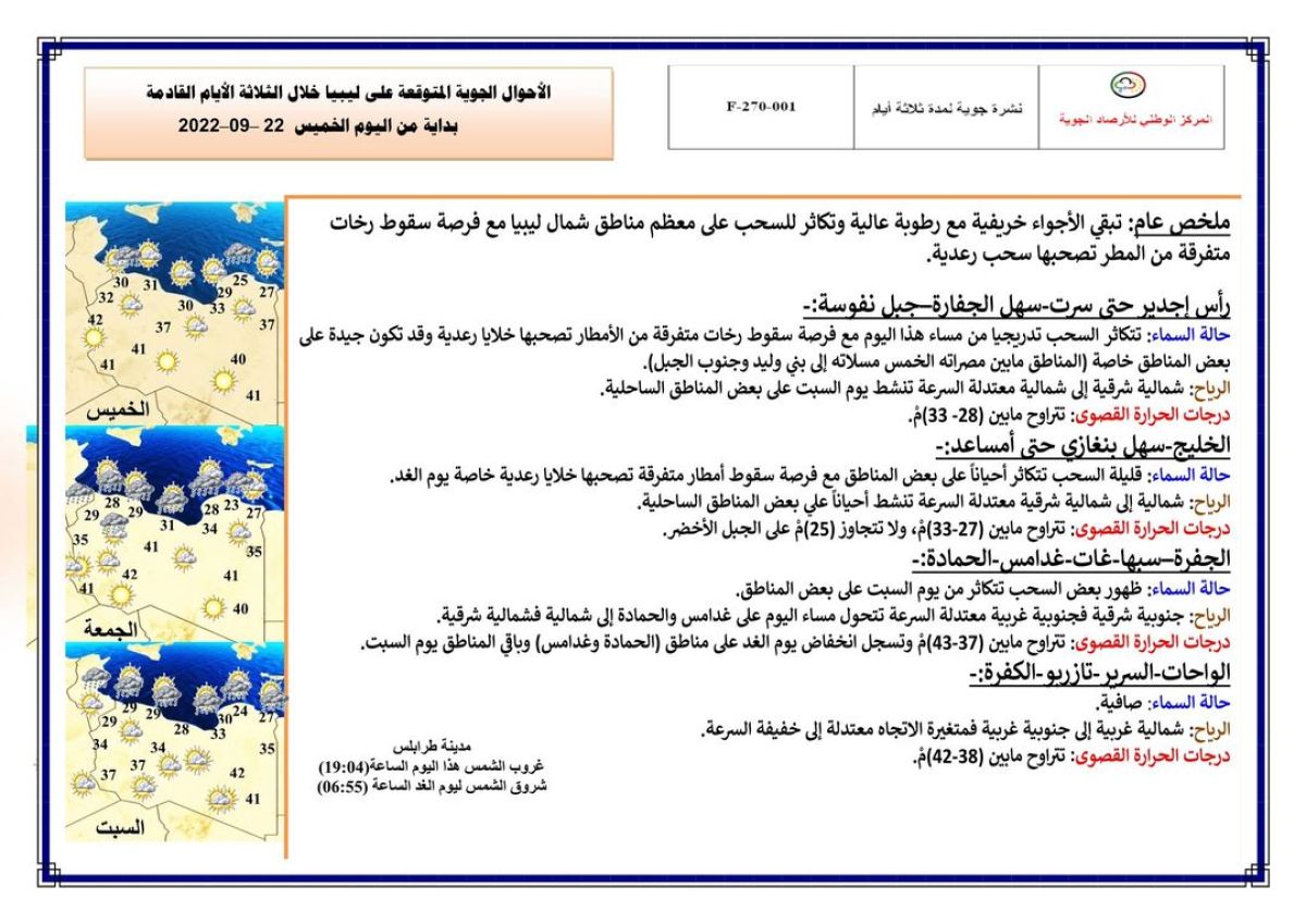 النشرة الجوية ليوم الخميس الموافق 22 – 09 – 2022 الصادرة عن المركز الوطني للأرصاد الجوية