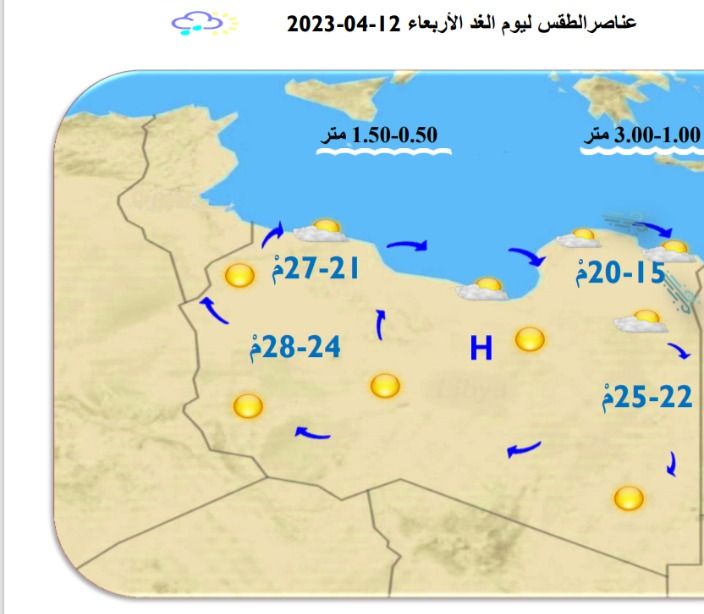 النشرة الجوية ليوم الثلاثاء الموافق 11– 04 – 2023 الصادرة عن المركز الوطني للأرصاد الجوية