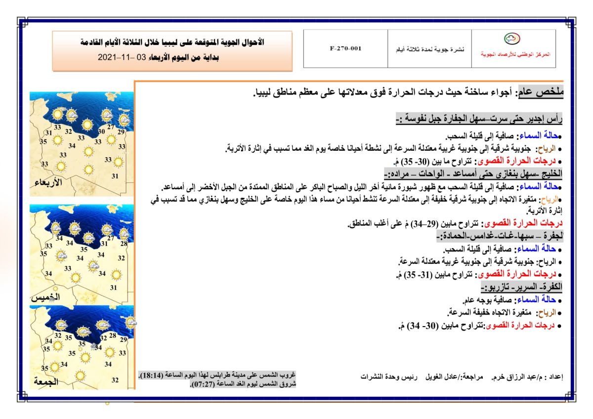 النشرة الجوية ليوم الإربعاء الموافق 03 – 11 – 2021 الصادرة عن المركز الوطني للأرصاد الجوية