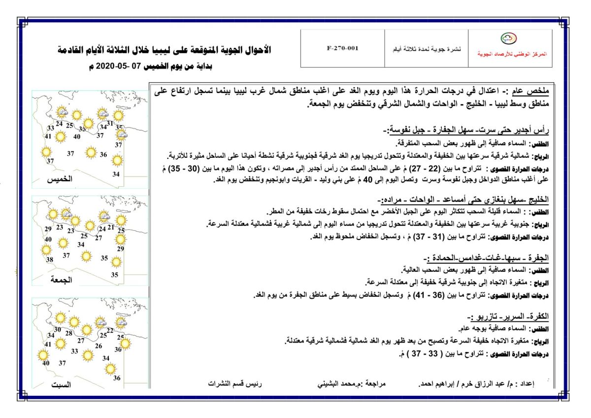 النشرة الجوية ليوم الخميس الموافق 07 – 05 – 2020 الصادرة عن المركز الوطني للأرصاد الجوية