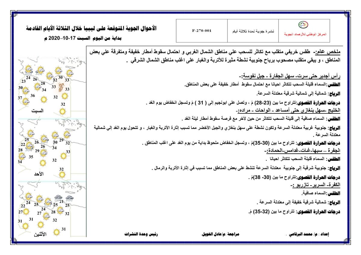 النشرة الجوية ليوم السبت الموافق 17 – 10 – 2020 الصادرة عن المركز الوطني للأرصاد الجوية