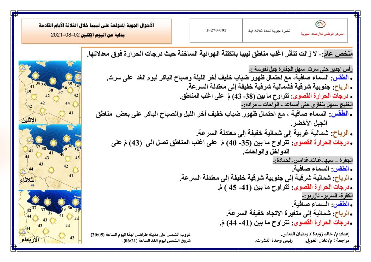 النشرة الجوية ليوم الاثنين الموافق 02 – 08 – 2021 الصادرة عن المركز الوطني للأرصاد الجوية