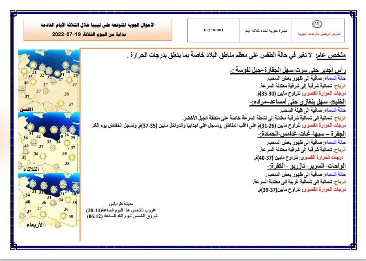 النشرة الجوية ليوم الثلاثاء الموافق 19– 07 – 2022 الصادرة عن المركز الوطني للأرصاد الجوية