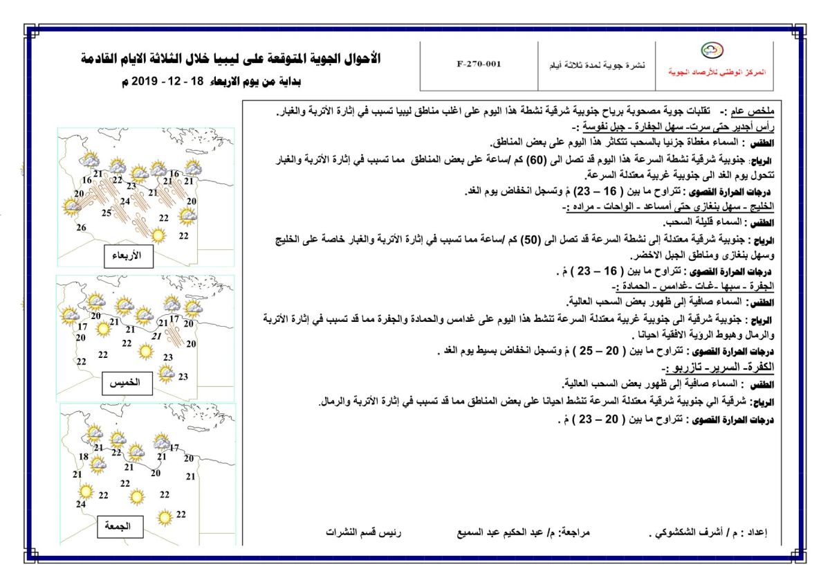 النشرة الجوية ليوم الإربعاء الموافق 18 – 12 – 2019 الصادرة عن المركز الوطني للأرصاد الجوية