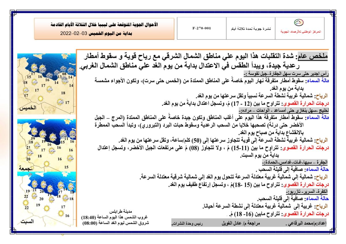 النشرة الجوية ليوم الخميس الموافق 03 – 02 – 2022 الصادرة عن المركز الوطني للأرصاد الجوية