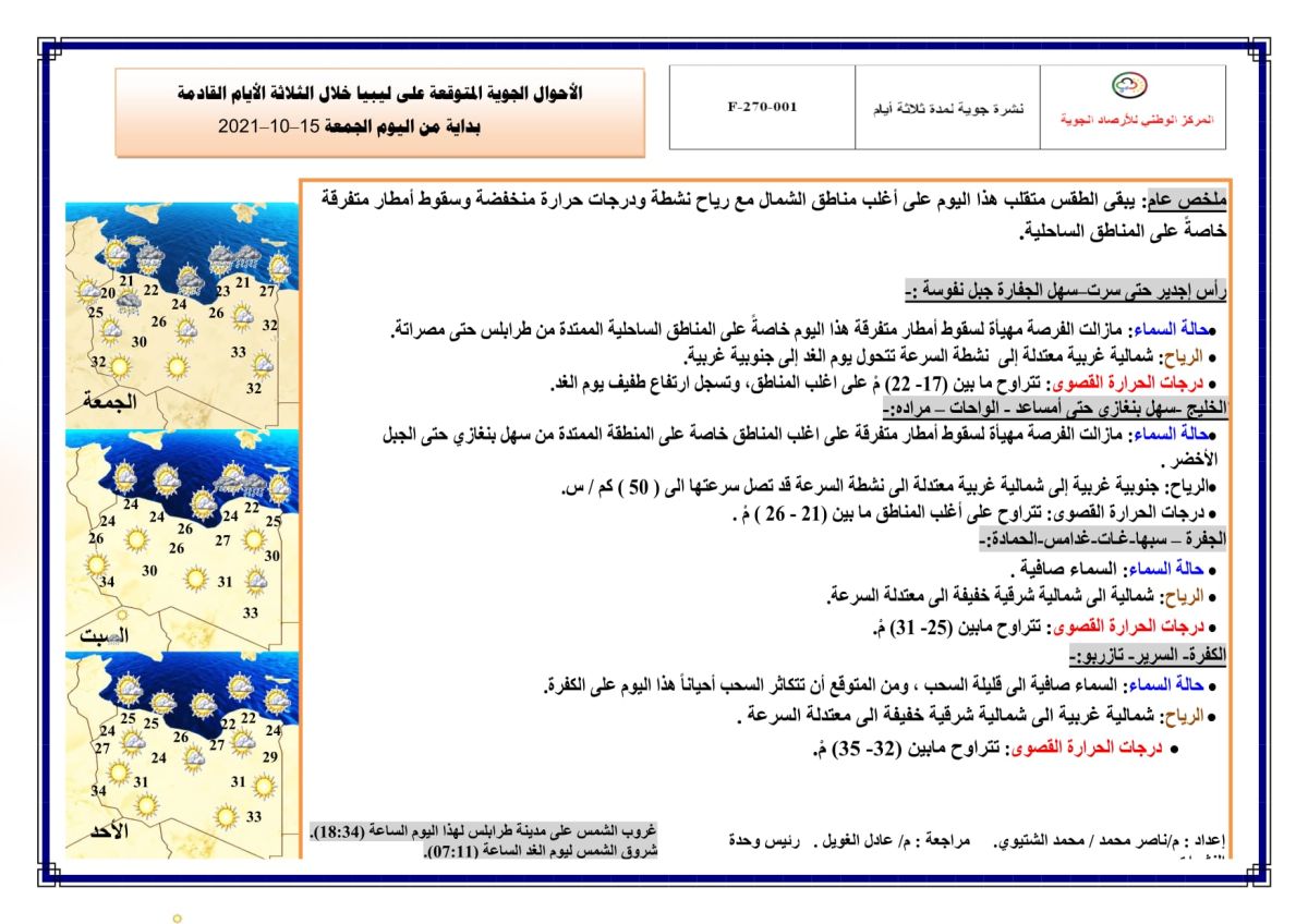 النشرة الجوية ليوم الجمعة عاء الموافق 15– 10 – 2021 الصادرة عن المركز الوطني للأرصاد الجوية