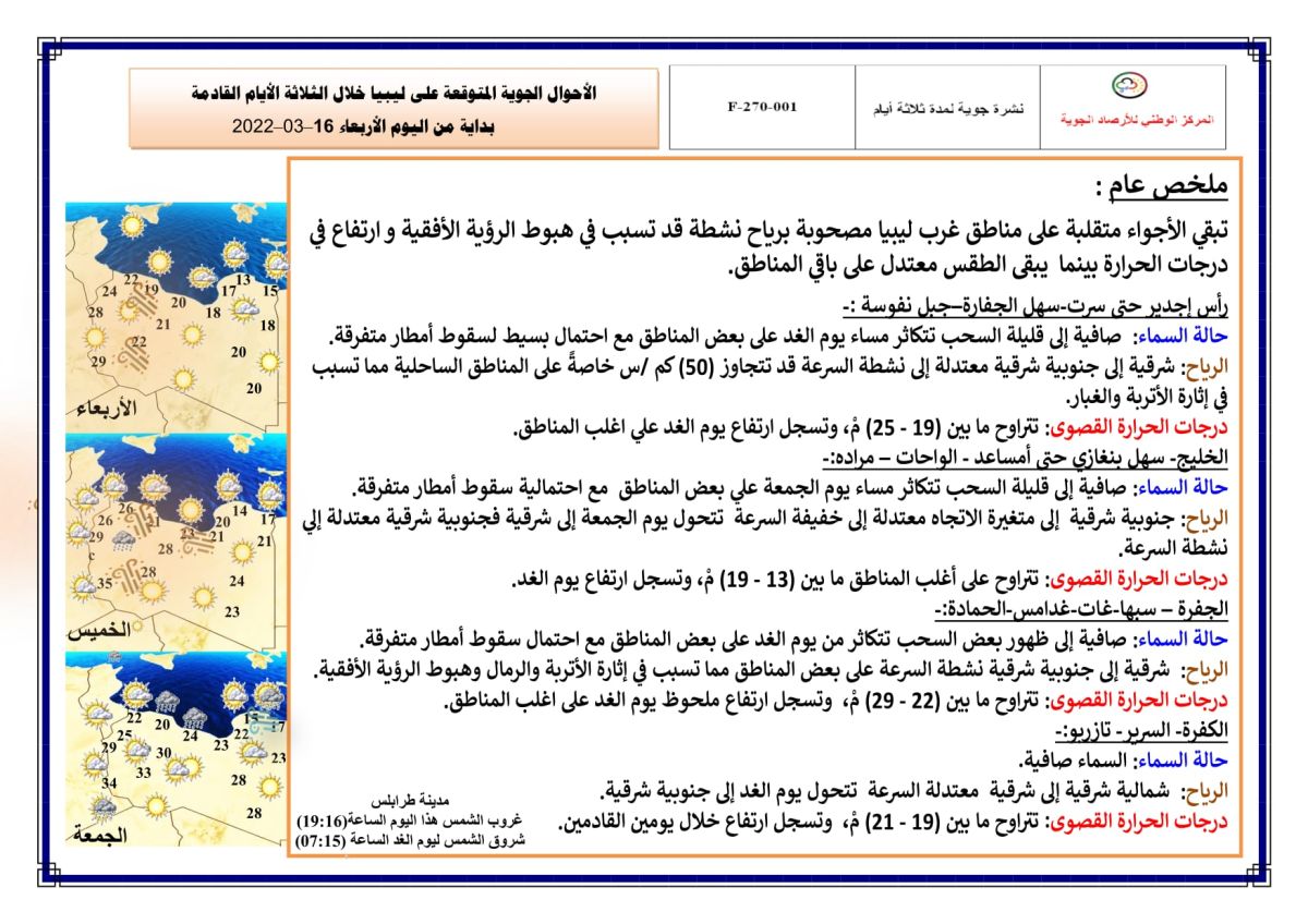 النشرة الجوية ليوم الإربعاء الموافق 16 – 03 – 2022 الصادرة عن المركز الوطني للأرصاد الجوية