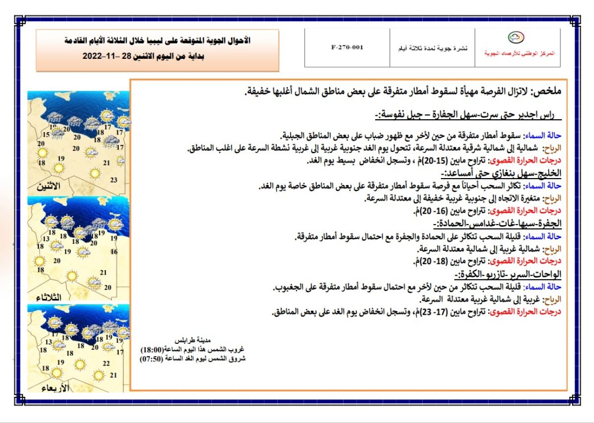 النشرة الجوية ليوم الاثنين الموافق 28 – 11 – 2022 الصادرة عن المركز الوطني للأرصاد الجوية