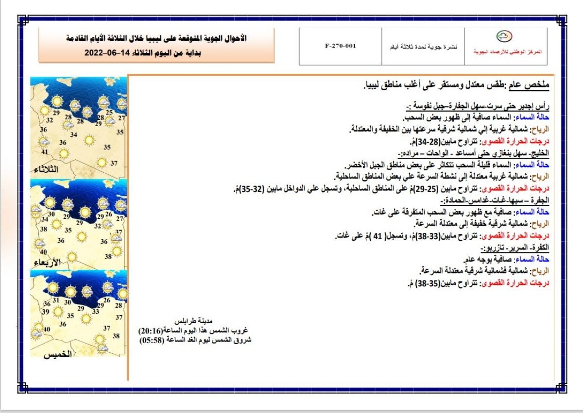 النشرة الجوية ليوم الثلاثاء الموافق 14 – 06 – 2022 الصادرة عن المركز الوطني للأرصاد الجوية