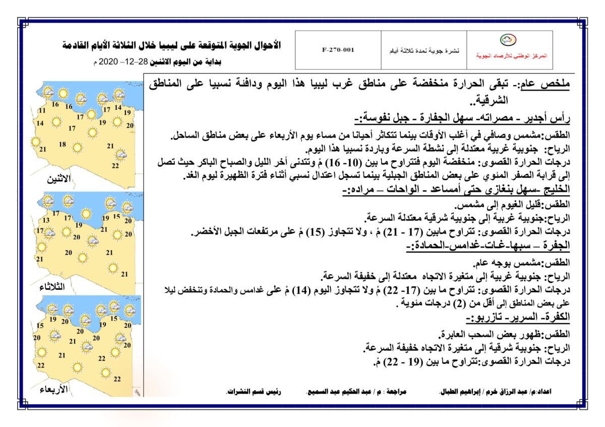 النشرة الجوية ليوم الاثنين الموافق 28 – 12 – 2020 الصادرة عن المركز الوطني للأرصاد الجوية