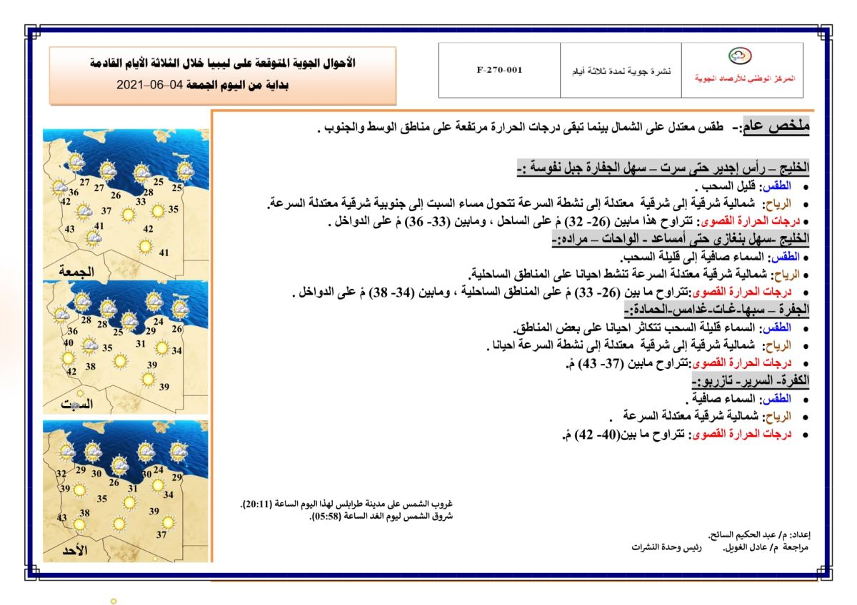 النشرة الجوية ليوم الجمعة الموافق 04 – 06 – 2021 الصادرة عن المركز الوطني للأرصاد الجوية