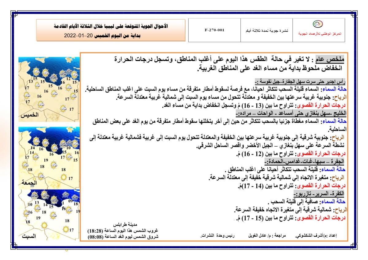 النشرة الجوية ليوم الخميس الموافق 20 – 01 – 2022 الصادرة عن المركز الوطني للأرصاد الجوية