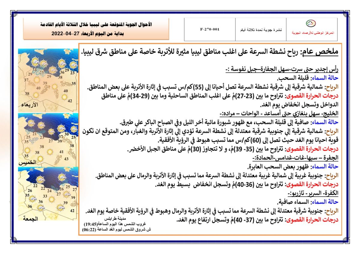 النشرة الجوية ليوم الإربعاء الموافق 27 – 04 – 2022 الصادرة عن المركز الوطني للأرصاد الجوية