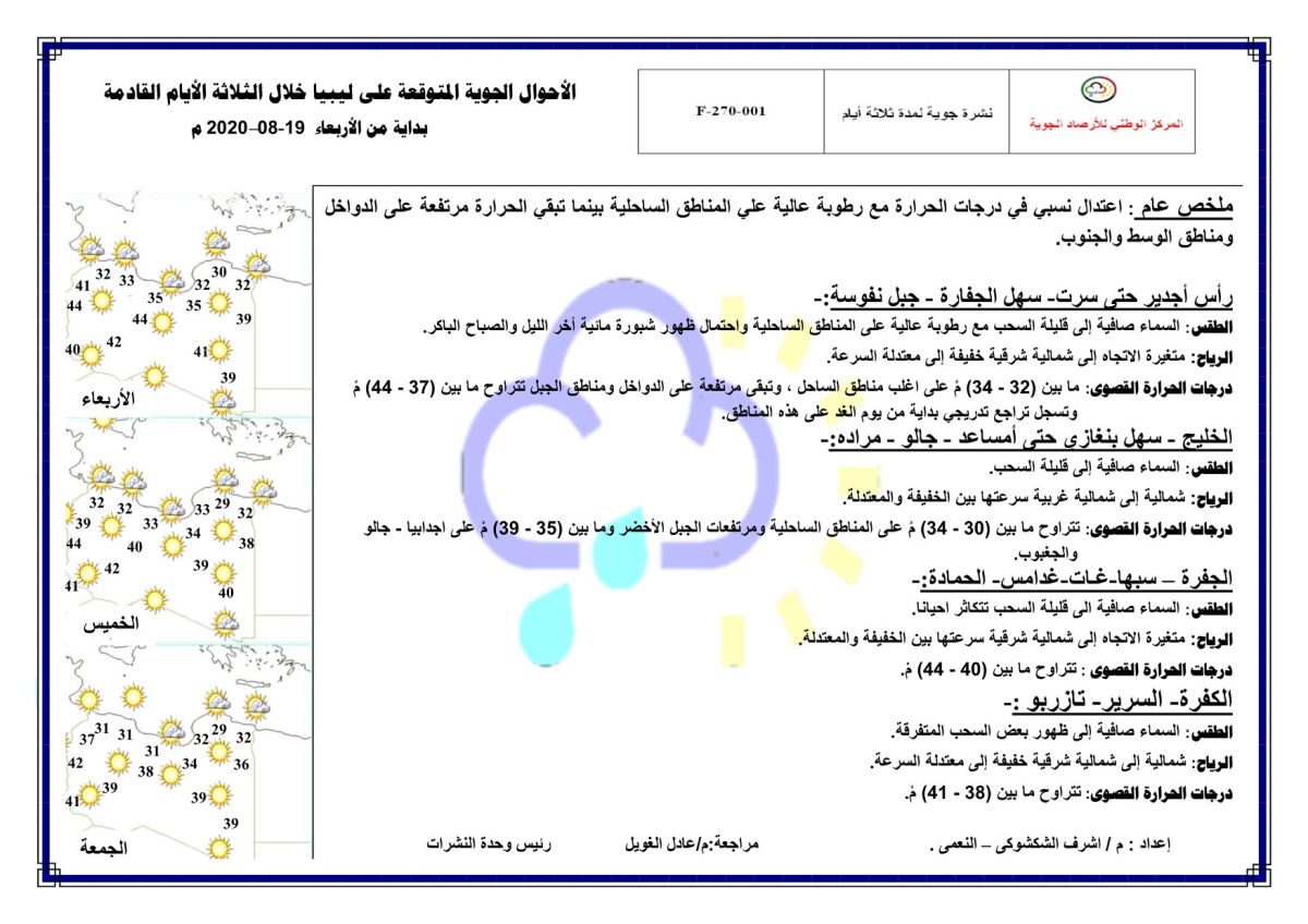 النشرة الجوية ليوم الإربعاءالموافق 19 – 08 – 2020 الصادرة عن المركز الوطني للأرصاد الجوية