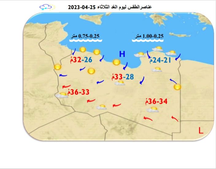 النشرة الجوية ليوم الاثنين الموافق 24– 04 – 2023 الصادرة عن المركز الوطني للأرصاد الجوية