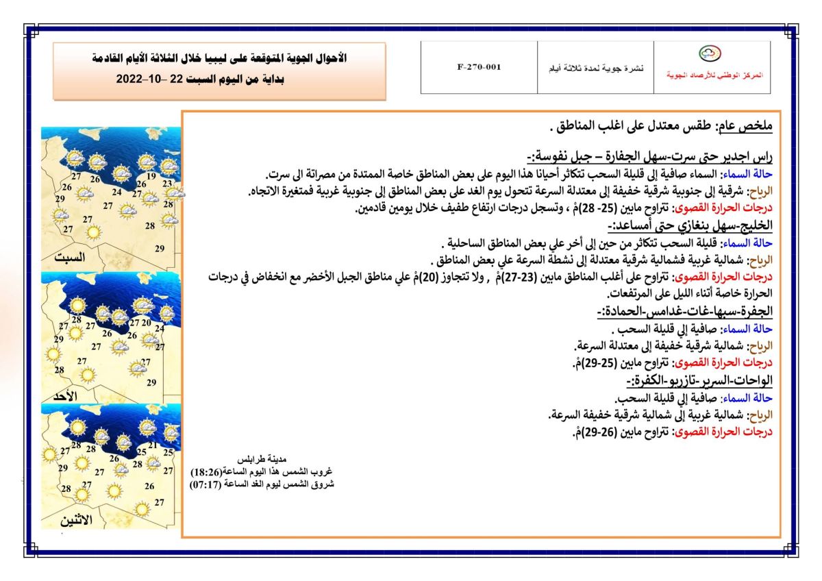 النشرة الجوية ليوم السبت الموافق 22 – 10 – 2022 الصادرة عن المركز الوطني للأرصاد الجوية