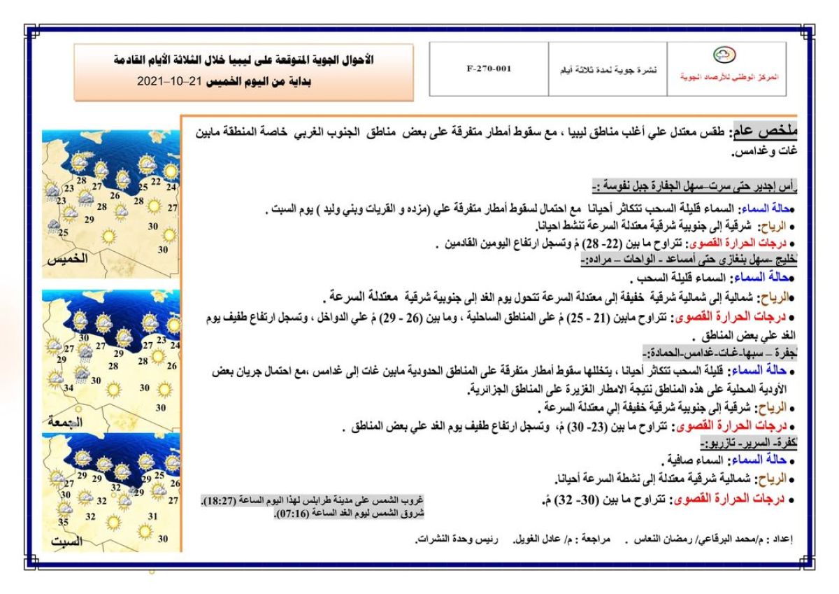 النشرة الجوية ليوم الخميس الموافق 21 – 10 – 2021 الصادرة عن المركز الوطني للأرصاد الجوية