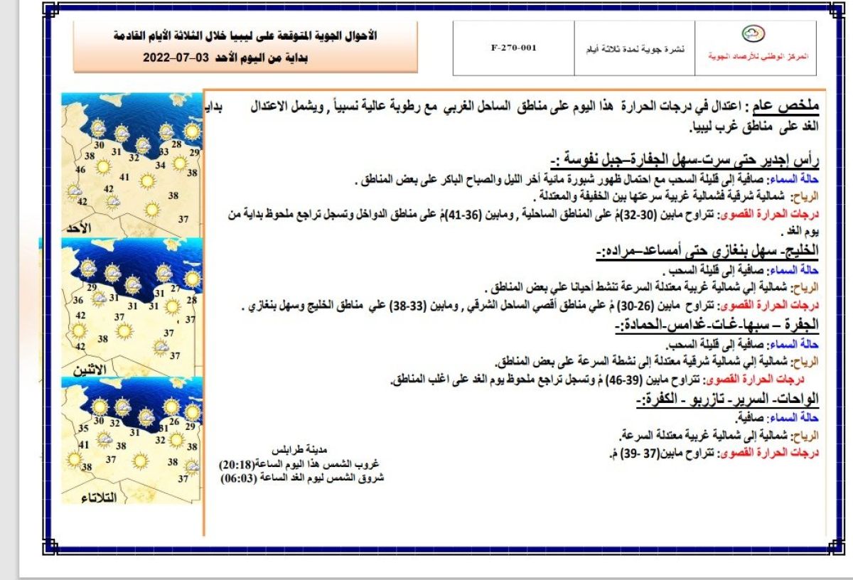 النشرة الجوية ليوم الأحد الموافق 03– 07 – 2022 الصادرة عن المركز الوطني للأرصاد الجوية