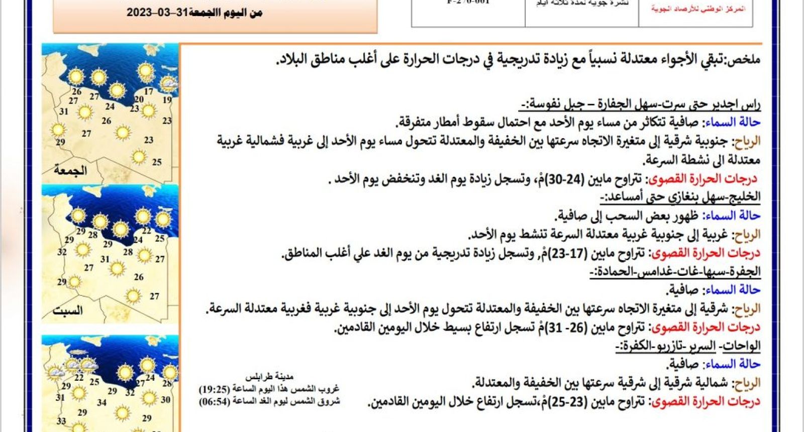النشرة الجوية ليوم الجمعة الموافق 31– 03 – 2023 الصادرة عن المركز الوطني للأرصاد الجوية