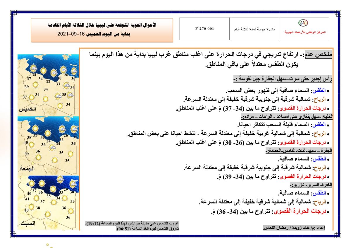 النشرة الجوية ليوم الخميس الموافق 16– 09 – 2021 الصادرة عن المركز الوطني للأرصاد الجوية