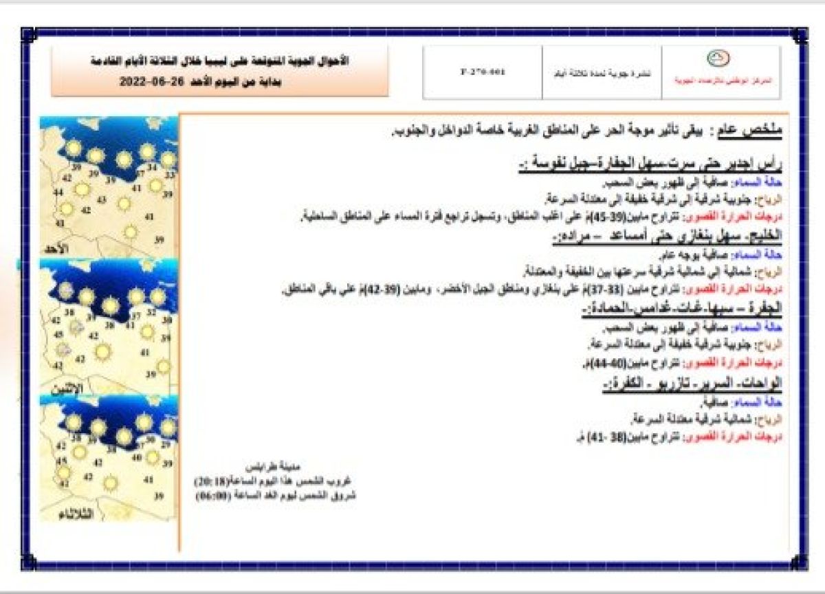 النشرة الجوية ليوم الأحد الموافق 26– 06 – 2022 الصادرة عن المركز الوطني للأرصاد الجوية