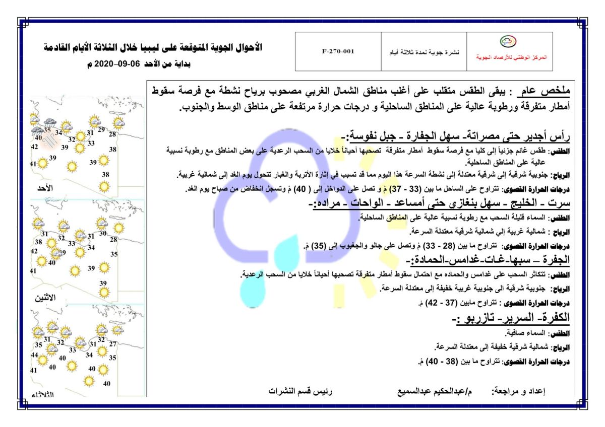 النشرة الجوية ليوم الأحد الموافق 06 – 09 – 2020 الصادرة عن المركز الوطني للأرصاد الجوية