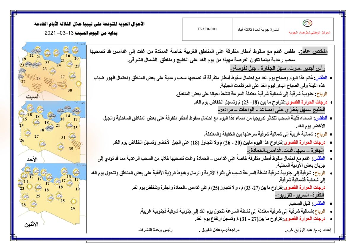 النشرة الجوية ليوم السبت الموافق 13 – 03 – 2021 الصادرة عن المركز الوطني للأرصاد الجوية