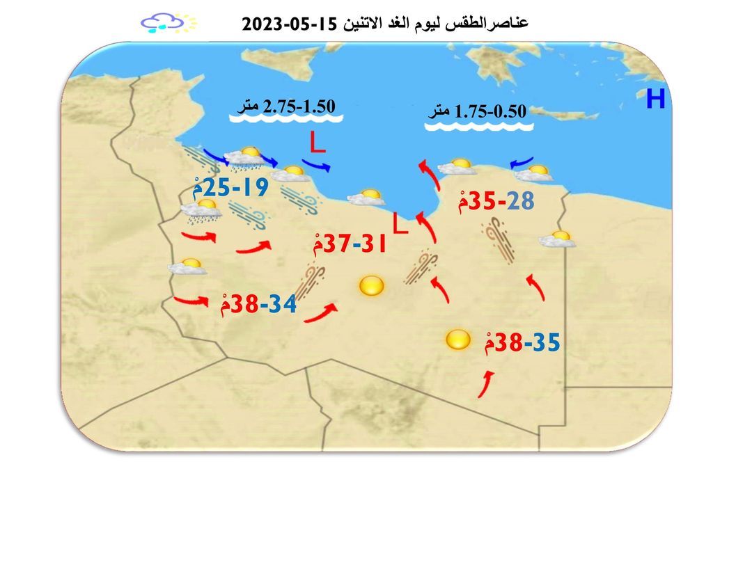 النشرة الجوية ليوم الأحد الموافق 14 – 05 – 2023 الصادرة عن المركز الوطني للأرصاد الجوية