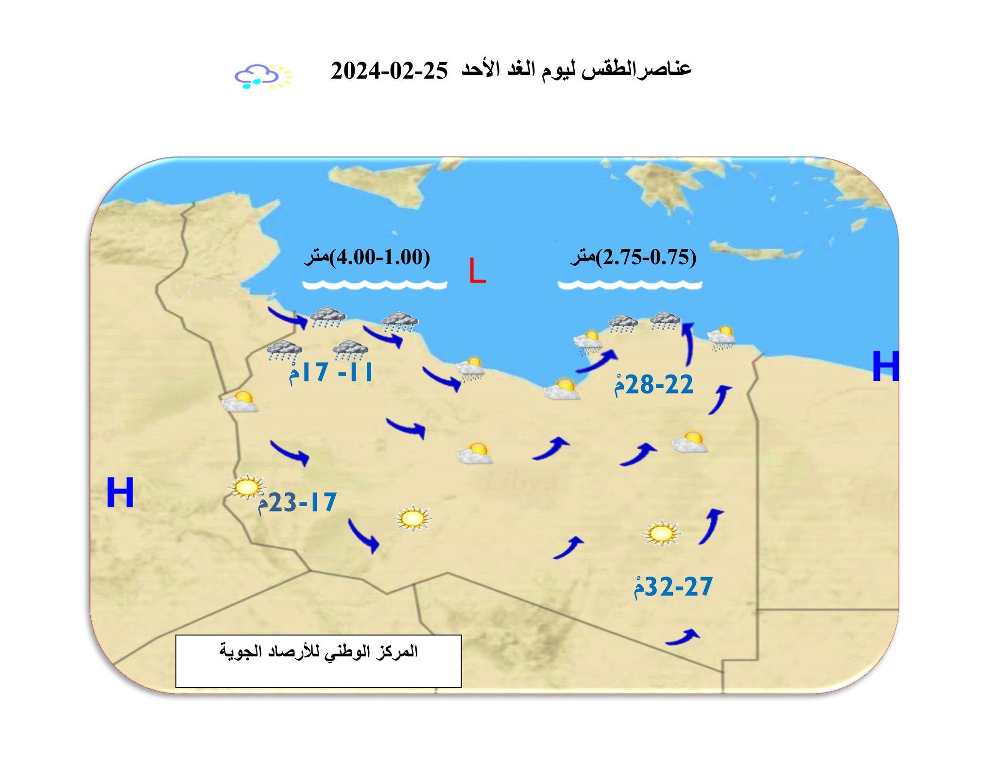 النشرة الجوية ليوم السبت الموافق 24– 02– 2024 الصادرة عن المركز الوطني للأرصاد الجوية